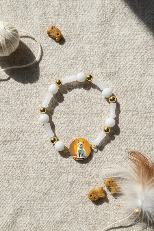 White Cat Bracelet with Medallion Charm — Pure, Gentle & Quietly Enchanting