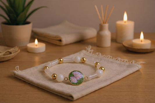 Emotional healing bracelet | Wellness | Meaningful gift | Natural Stone | White | Peonies flowers | My Sparkling Corner
