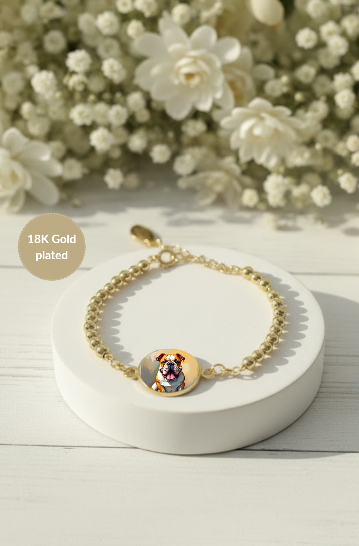 Photo bracelet | English Bulldog Dog medallion charm | Gold plated | Dog lover gift| My Sparkling Corner