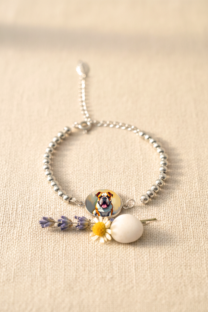 English-bulldog lover gift, Silver color Beads Bracelet with Dog Medallion Charm, Pet Lover Jewelry