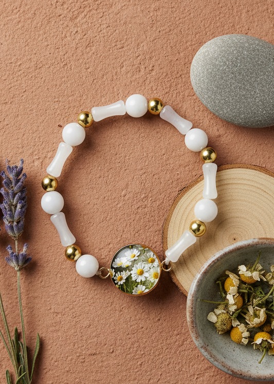 Emotional healing bracelet | Wellness | Meaningful gift | Natural Stone | White | Chamomile flowers | My Sparkling Corner