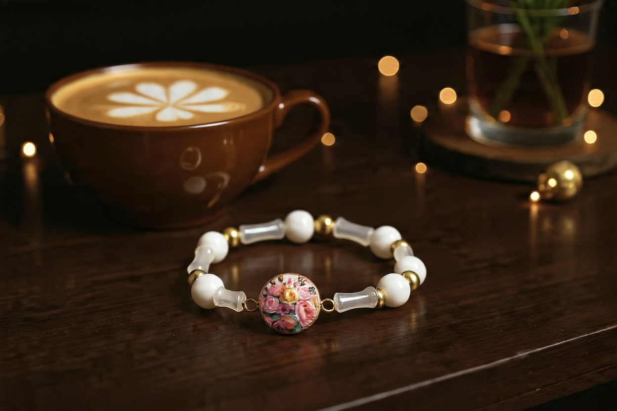 Valentines Day | Gratitude Bracelet | Natural Stone | White | Flowers bouquet | My Sparkling Corner