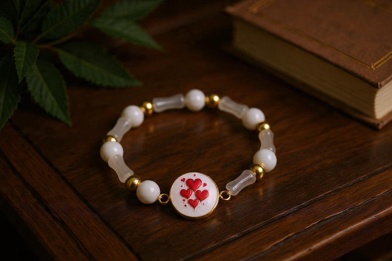 Valentines Day | Gratitude Bracelet | Natural Stone | White | Red Hearts | Cozy Book Nook | My Sparkling Corner