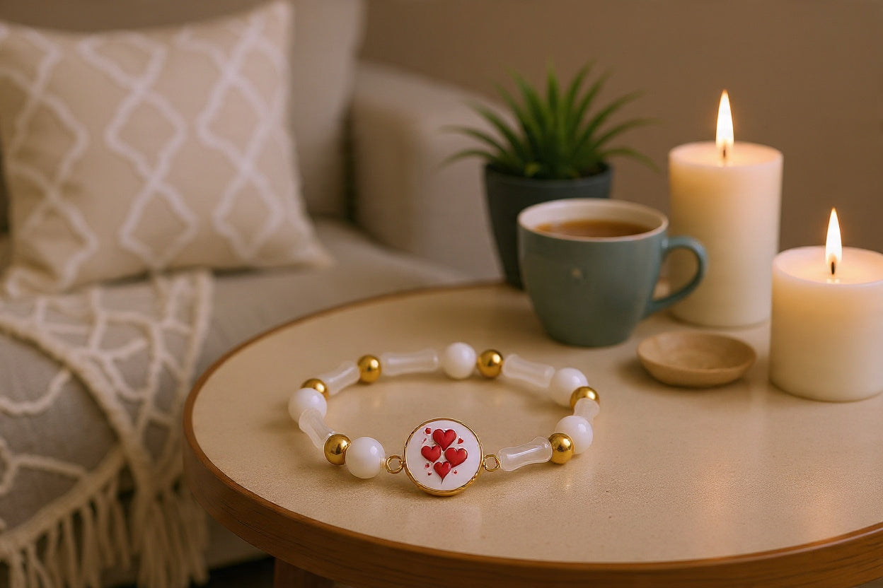 Valentines Day | Gratitude Bracelet | Natural Stone | White | Red Hearts | Cozy Book Nook | My Sparkling Corner