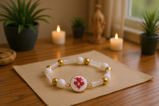 Valentines Day | Gratitude Bracelet | Natural Stone | White | Red Hearts | Cozy Book Nook | My Sparkling Corner