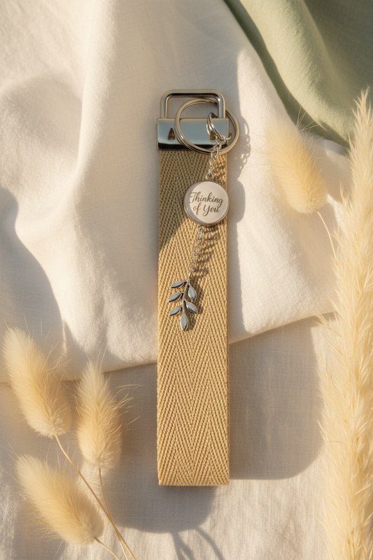 keychain with wrist strap and with medallion that has words "Thinking of You" | silver color | My Sparkling Corner