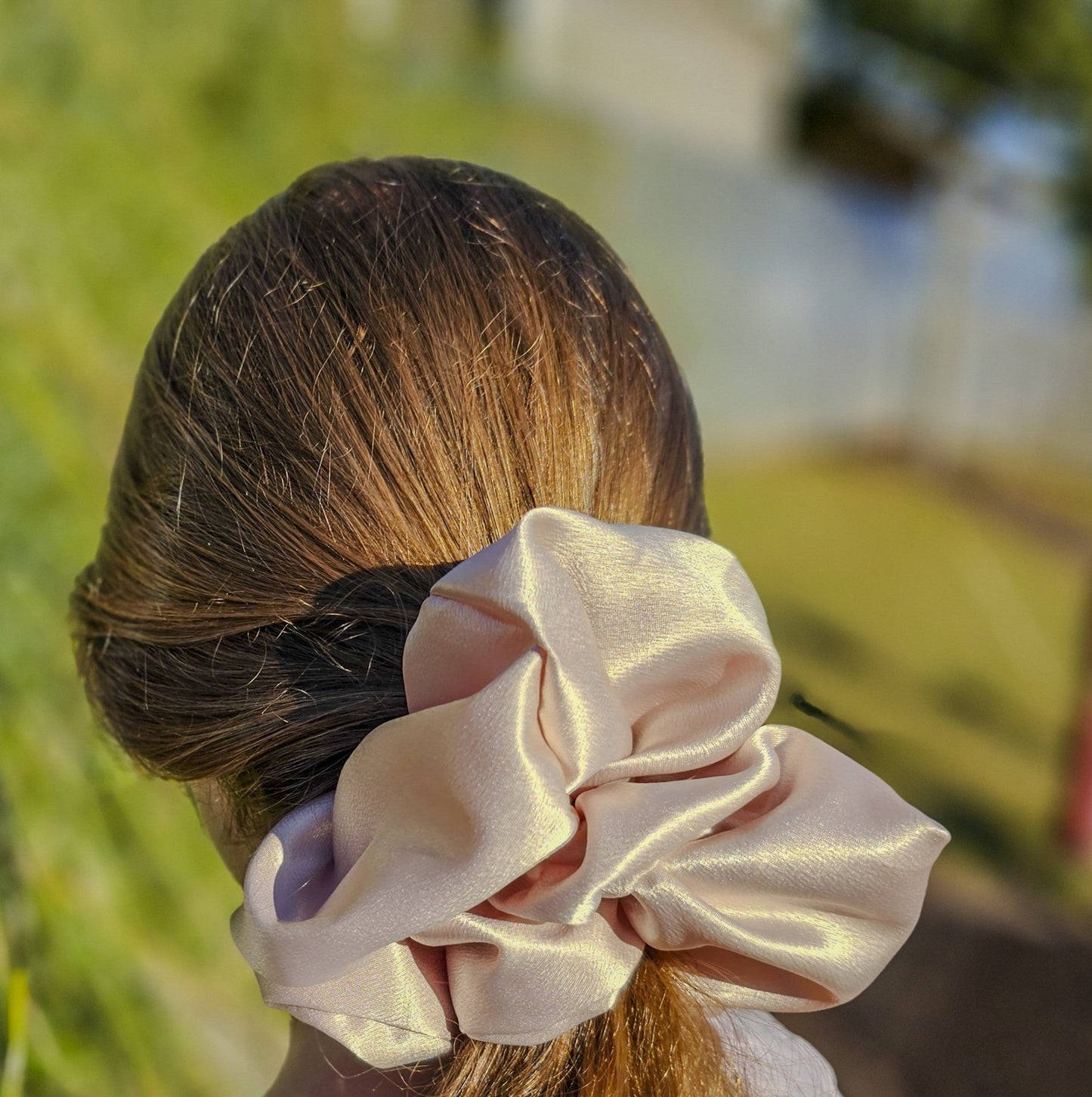 Satin Scrunchie | Elegant Champagne | large in use 2 - My Sparkling Corner