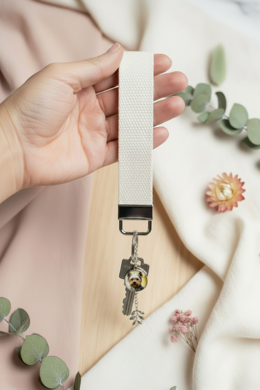 Wrist strap keychain white cotton Yorkshire Terrier dog medallion | silver color | My Sparkling Corner