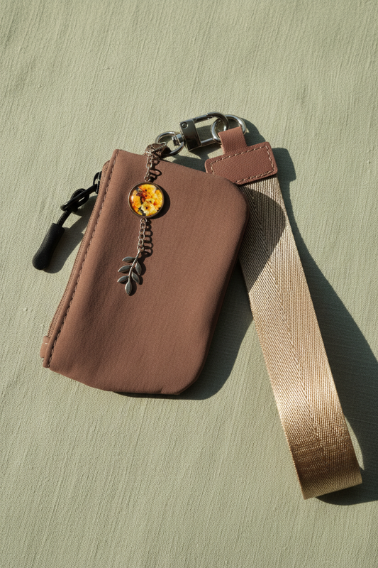 Wristlet wallet with wrist strap and with medallion that has flowers bouquet photo | silver color | My Sparkling Corner