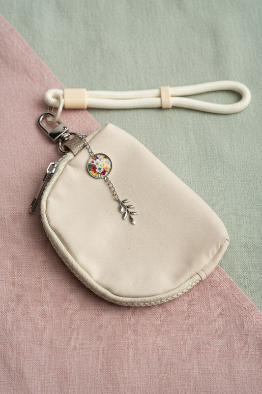 Wristlet wallet with wrist strap and with medallion that has flowers bouquet photo | silver color | My Sparkling Corner