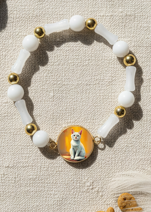 White Cat Bracelet with Medallion Charm — Pure, Gentle & Quietly Enchanting