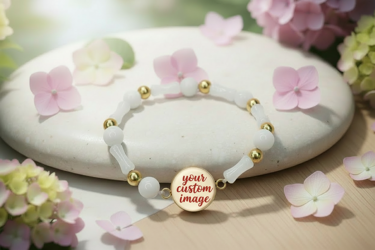 Custom Photo Bracelet | Calming Bracelet | Gratitude Bracelet  | Anxiety bracelet | White and Gold | Meaningful Gift | Get well gift | My Sparkling Corner