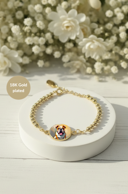 Photo bracelet | English Bulldog Dog medallion charm | Gold plated | Dog lover gift| My Sparkling Corner