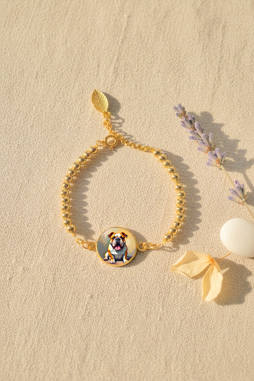 English-bulldog lover gift, Gold Plated Beads Bracelet with Dog Medallion Charm, Pet Lover Jewelry