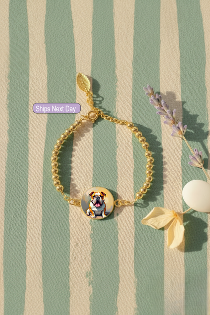 Photo bracelet | English Bulldog Dog medallion charm | Gold plated | Dog lover gift| My Sparkling Corner