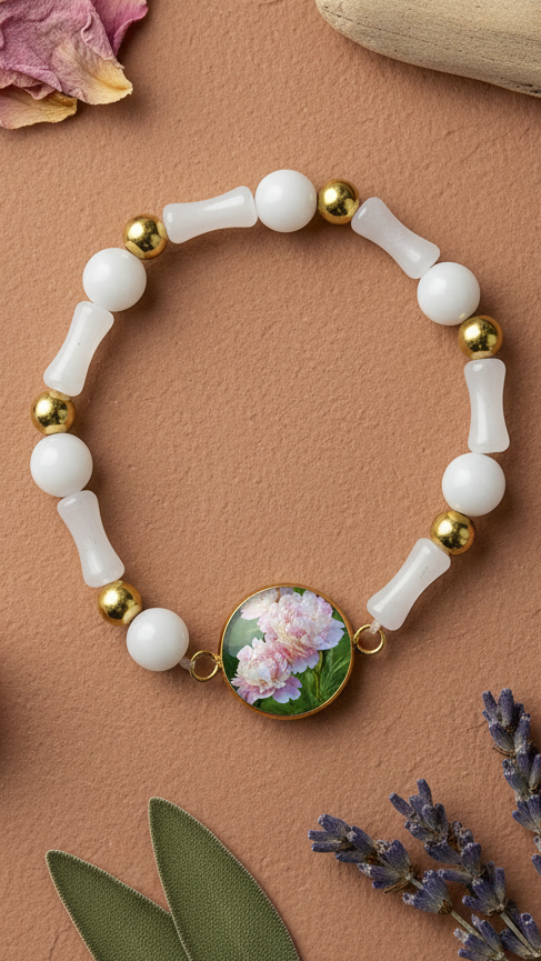 Emotional healing bracelet | Wellness | Meaningful gift | Natural Stone | White | Peonies flowers | My Sparkling Corner