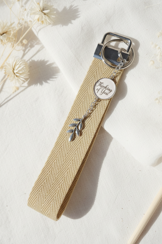 keychain with wrist strap and with medallion that has words "Thinking of You" | silver color | My Sparkling Corner

