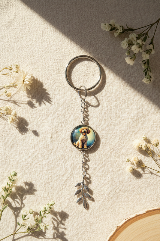 keychain with wrist strap and with medallion that has a poodle dog | silver color | My Sparkling Corner
