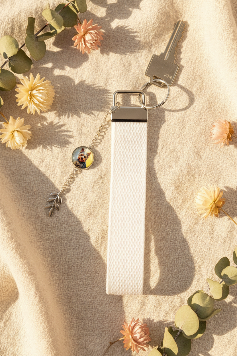 Wrist strap keychain white cotton Yorkshire Terrier dog medallion | silver color | My Sparkling Corner