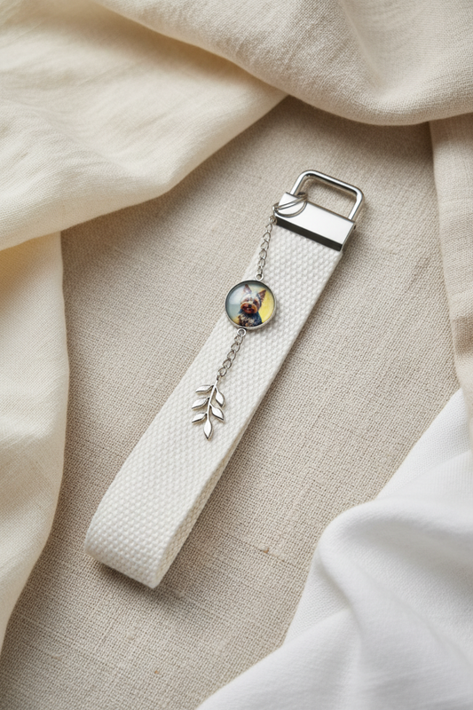 Wrist strap keychain white cotton Yorkshire Terrier dog medallion | silver color | My Sparkling Corner
