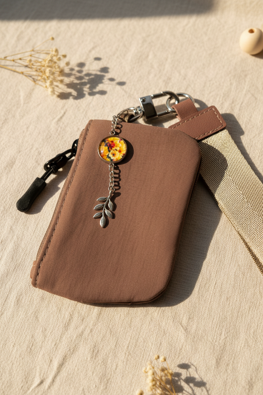 Wristlet wallet with wrist strap and with medallion that has flowers bouquet photo | silver color | My Sparkling Corner