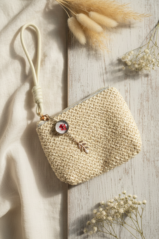 Wristlet wallet with wrist strap and with medallion that has red hearts photo | silver color | My Sparkling Corner